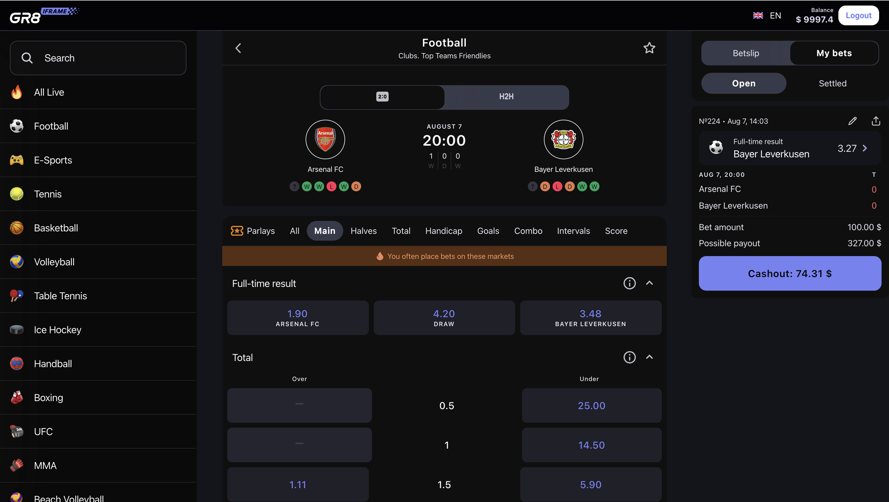 Cash out sportsbook demo by GR8 Tech